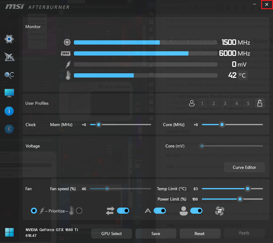 صينية نظام Windows تُظهر إغلاق MSI Afterburner و RivaTuner قبل تشغيل Delta Force.