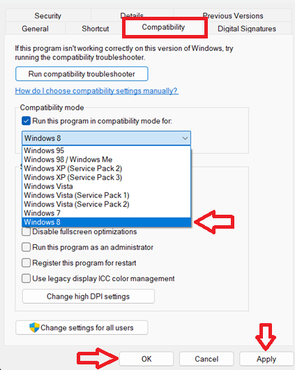 صورة توضح اختيار Windows 8 من قائمة وضع التوافق