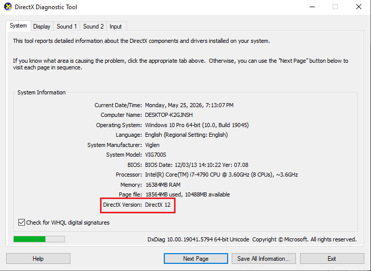 تأكيد وجود DirectX 12 وتفاصيل بطاقة الرسوميات (GPU) باستخدام dxdiag.