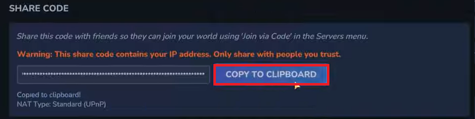 صورة توضح زر Copy to Clipboard ورمز المشاركة في Hytale.