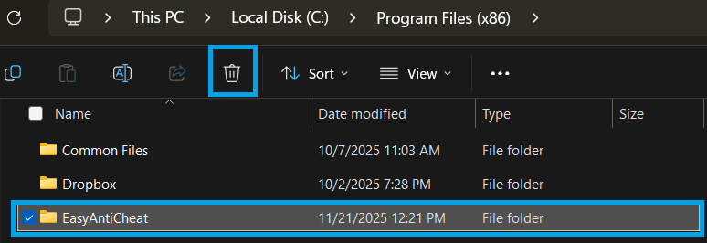 حذف مجلد EasyAntiCheat من Program Files x86