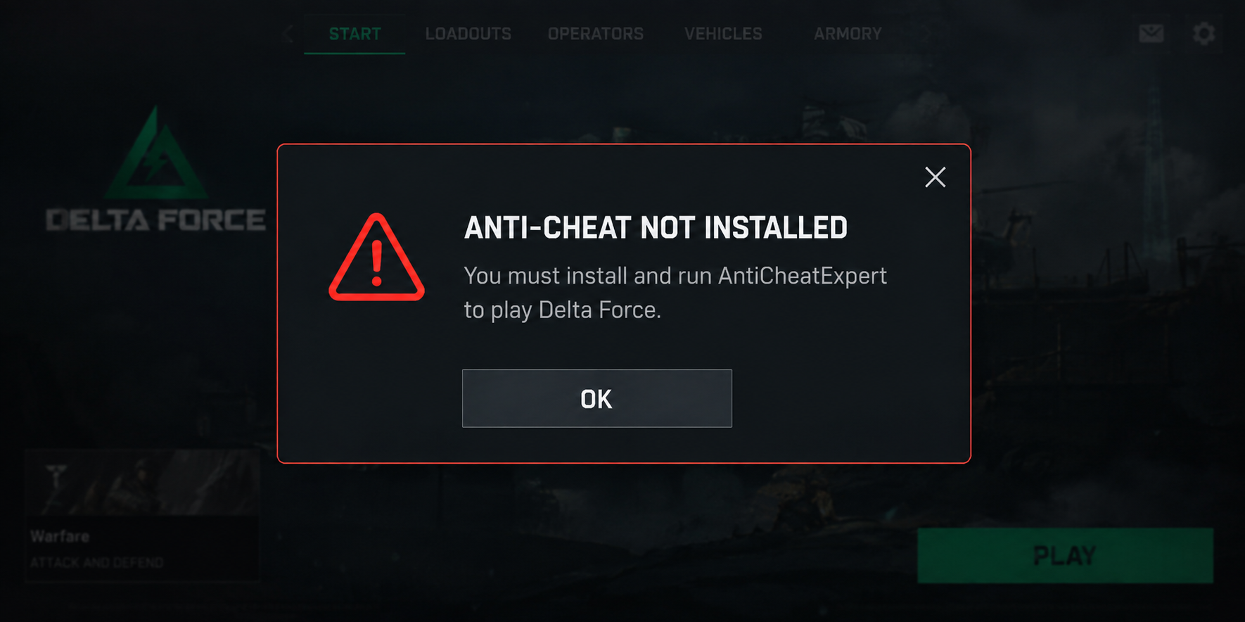 لعبة Delta Force على Windows تظهر خطأ Anti-Cheat Not Installed قبل إطلاق اللعبة.