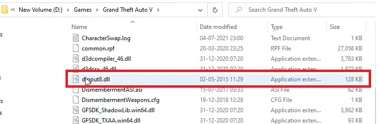 ملف dinput8.dll في مجلد GTA V