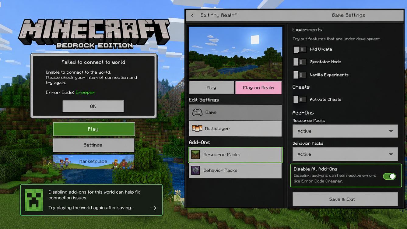 إعدادات عالم Minecraft Bedrock لتعطيل الإضافات أثناء إصلاح خطأ Creeper على Realm أو عالم واحد.
