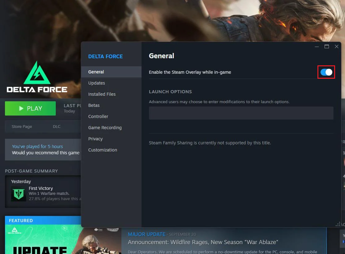 خصائص Steam للعبة Delta Force تُظهر إعداد تراكب Steam معطلًا.