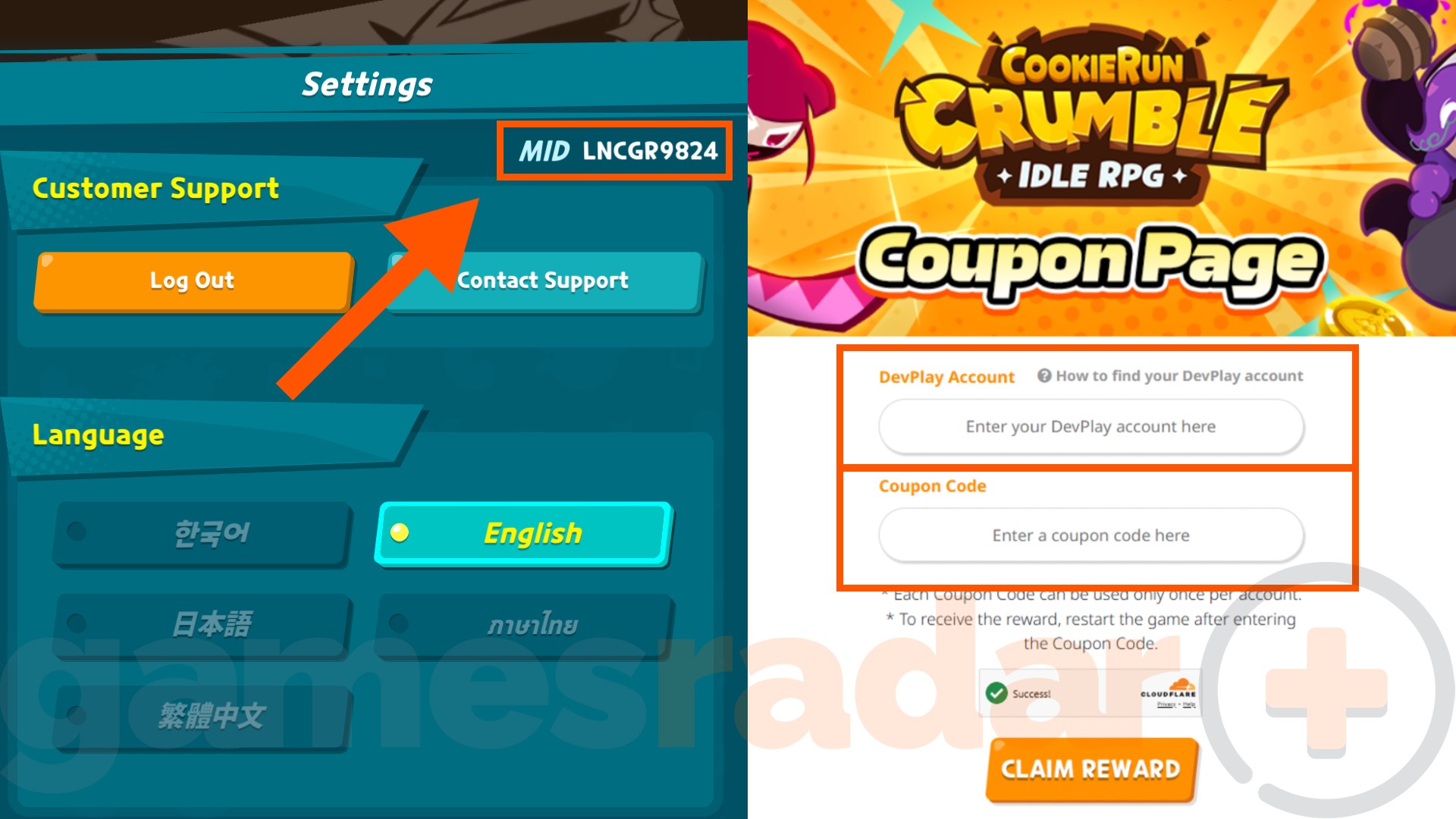 معرف MID للاعب معروض داخل اللعبة وصفحة استرداد أكواد Cookie Run Crumble.