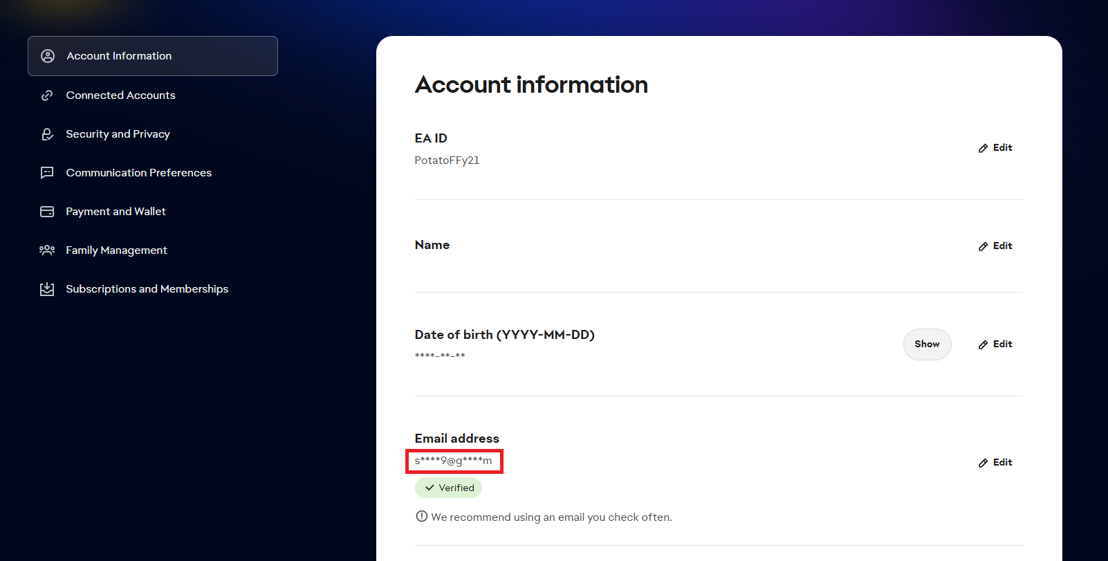 إعدادات حساب EA تتحقق من عنوان البريد الإلكتروني المرتبط بالحساب قبل طلب رمز تحقق آخر.