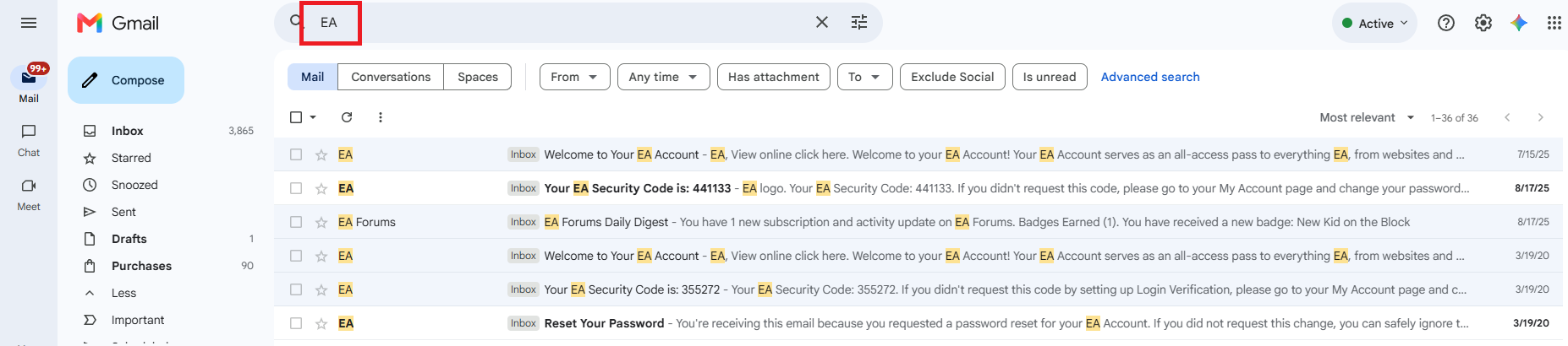 صندوق البريد الإلكتروني يتحقق من مجلدات Spam و Junk ويفتح رسالة EA سابقة أثناء استكشاف مشكلة رمز التحقق المفقود.