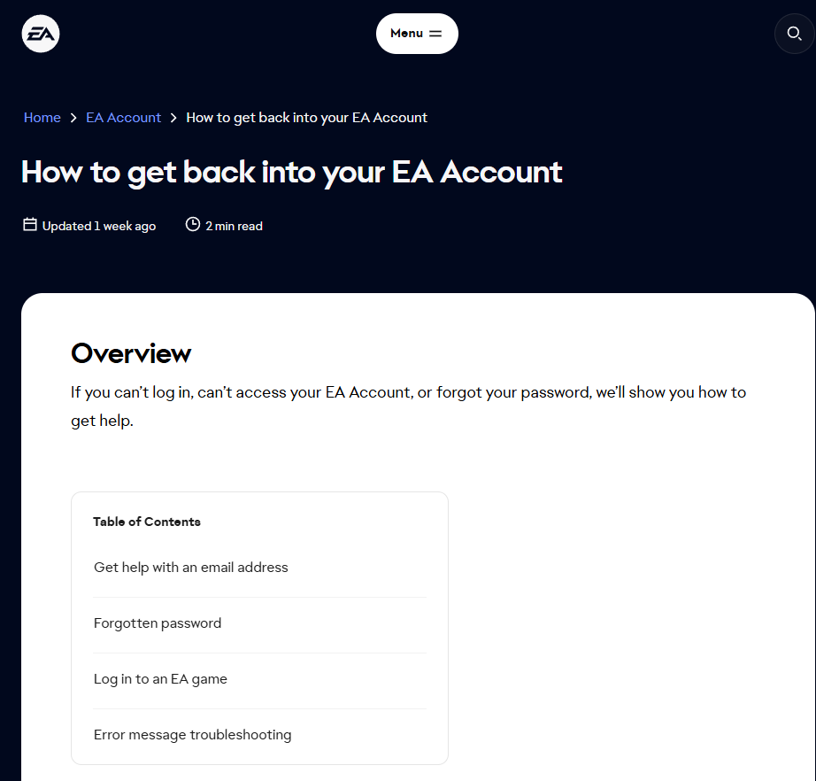 نموذج استعادة حساب EA Help يُستخدم للإبلاغ عن رمز تحقق مفقود واستعادة الوصول إلى الحساب.