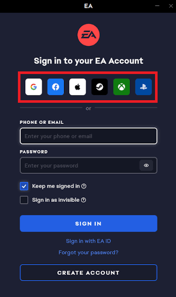 صفحة تسجيل الدخول إلى EA باستخدام حساب PlayStation أو Xbox أو Steam أو Apple أو Facebook أو Google مرتبط بدلاً من انتظار رمز البريد الإلكتروني المفقود.