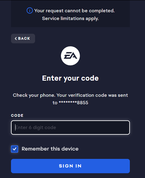 شاشة تسجيل الدخول إلى EA تنتظر رمز تحقق عبر البريد الإلكتروني أو رسالة نصية لا تصل أبدًا.
