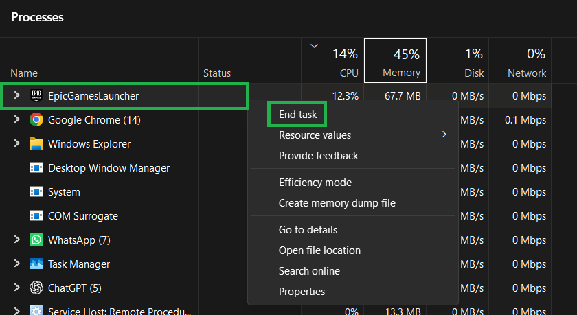 صورة توضح كيفية إنهاء مهمة Epic Games Launcher في Task Manager.