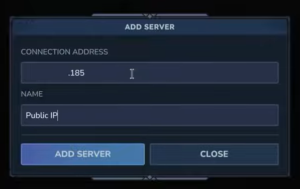 أدخل عنوان IP العام واسم الخادم في Hytale