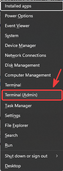 لقطة شاشة تظهر خيارات قائمة ابدأ، مع تمييز Terminal (Admin)
