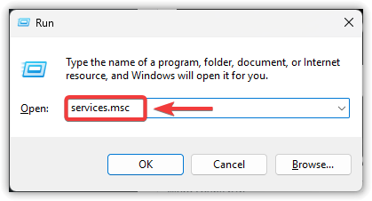 لقطة شاشة لنافذة التشغيل (Run) مع كتابة services.msc