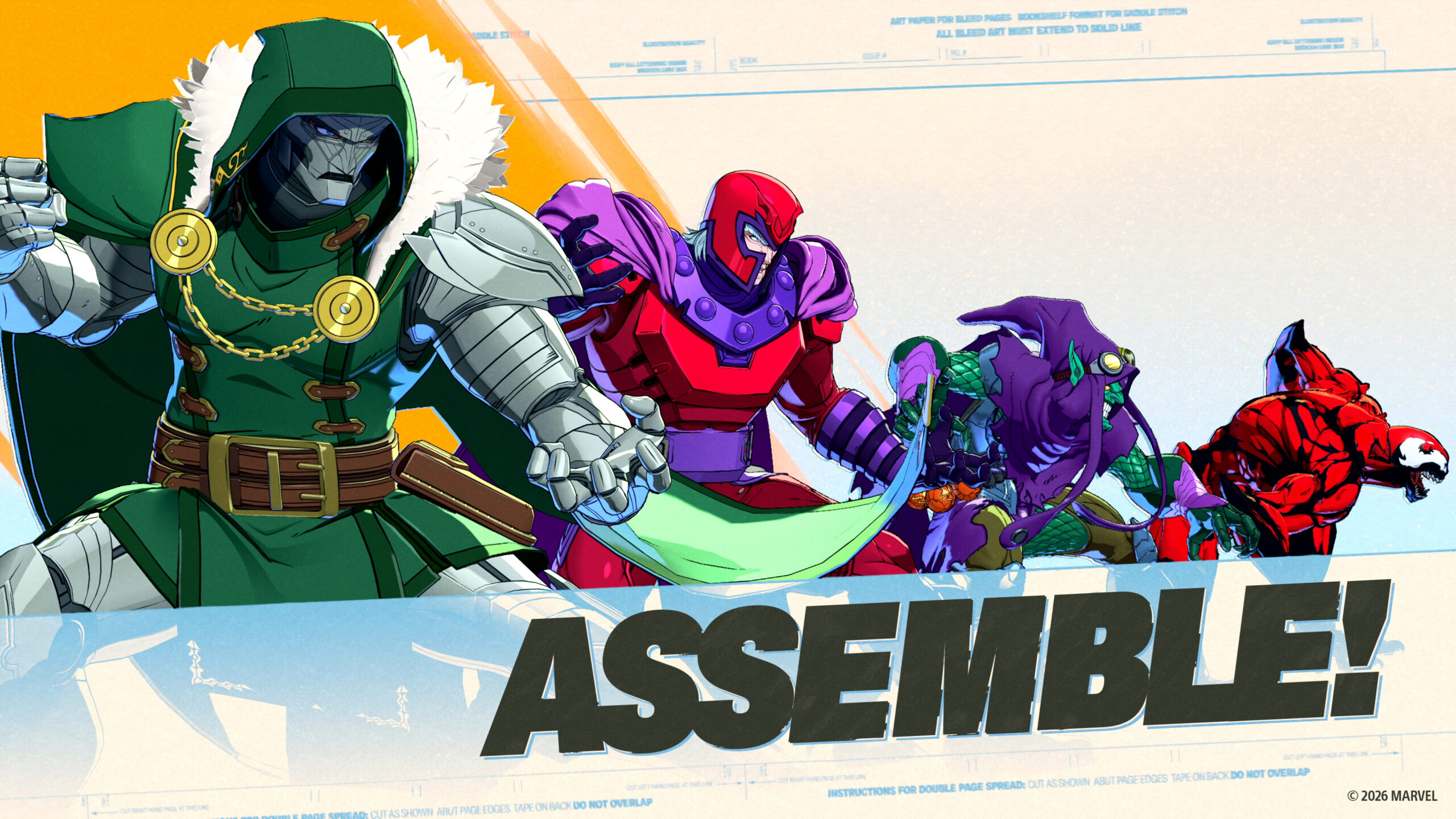 لقطة شاشة من Marvel Tokon: Fighting Souls تُظهر فريق Knights of Doom (من اليسار إلى اليمين: Doctor Doom، Magneto، Green Goblin، Carnage) وهم يستعدون لأداء حركة 'Assemble!' الخارقة.