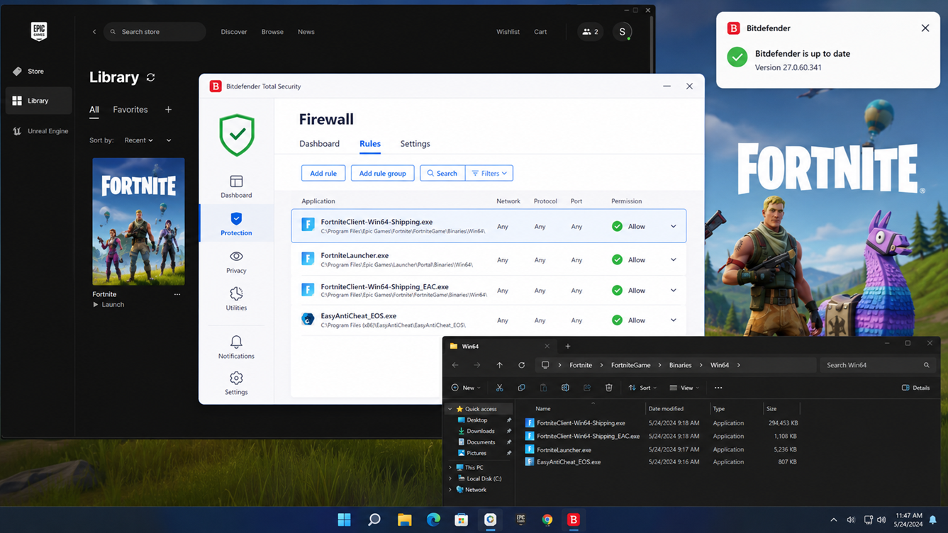 إعدادات جدار حماية Bitdefender تسمح لملفات Fortnite التنفيذية لإصلاح خطأ ESP-DIST-001 على الكمبيوتر.