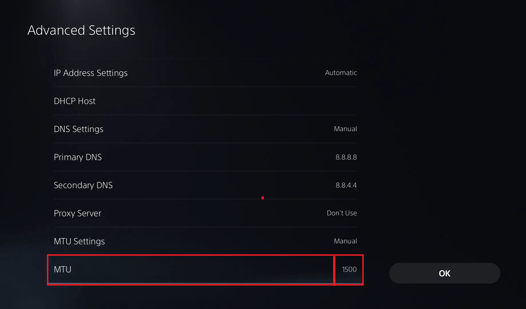 إعدادات الإنترنت في Nintendo Switch تعرض قيمة MTU وإعدادات DNS التي يتم تعديلها لـ Fortnite ESP-DIST-001.