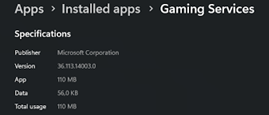 تطبيق التطبيقات المثبتة في Windows يُظهر رقم إصدار Gaming Services المطلوب من Forza Horizon 6.