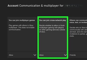 إعدادات أمان Xbox عبر الإنترنت تُظهر ألعاب اللاعبين المتعددين واللعب عبر الشبكات المتقاطعة مضبوطة على Allow.