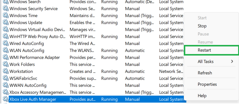 خدمات Windows تعيد تشغيل Xbox Live Network Service وXbox Live Game Save وXbox Live Auth Manager.