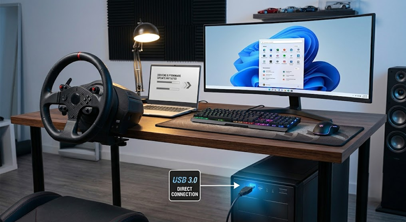 تحديث البرامج الثابتة لعجلة القيادة وتوصيل قاعدة العجلة مباشرة بمنفذ USB 3.0 للكمبيوتر للعبة Forza Horizon 6.