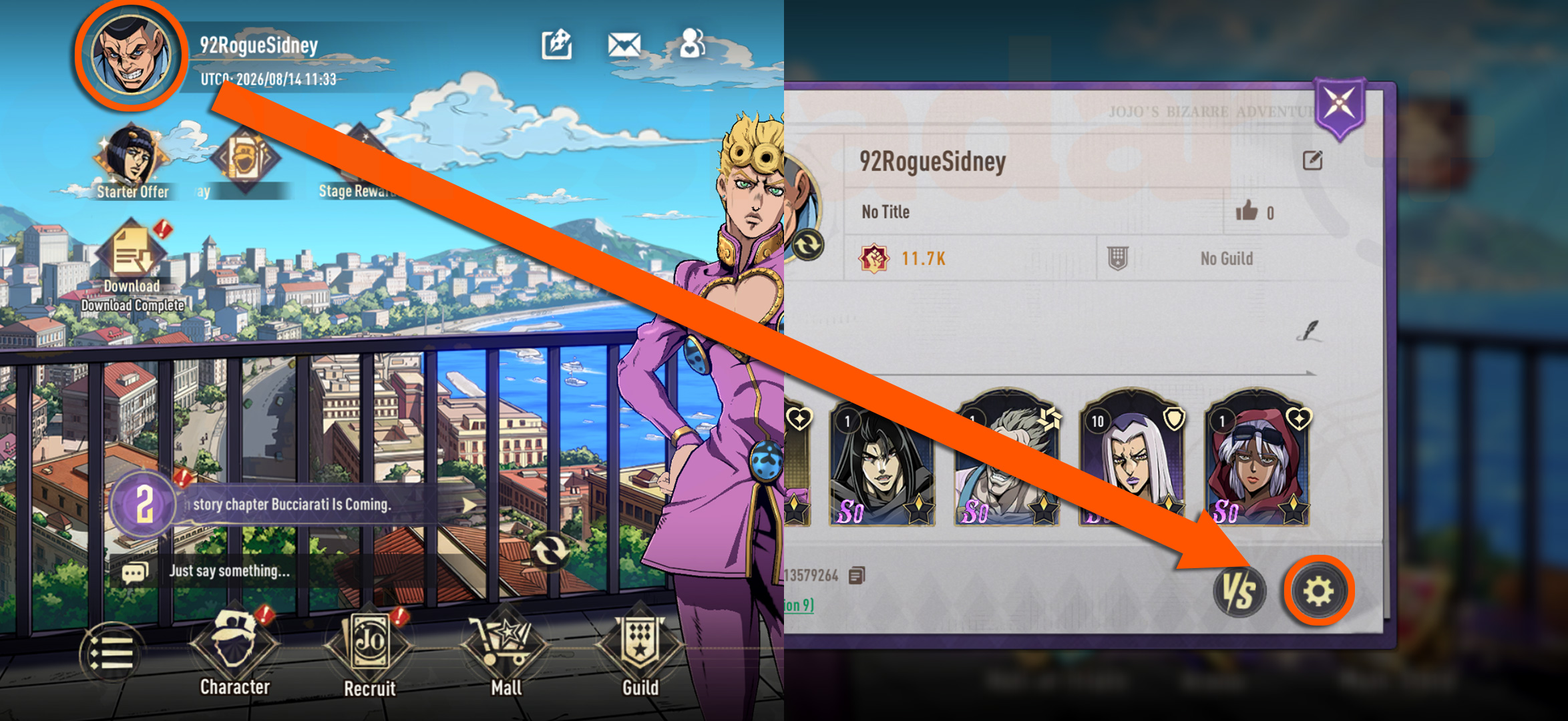 سهم يوضح كيفية الوصول إلى القائمة لاسترداد أكواد JoJo's Bizarre Adventure Golden Spirit