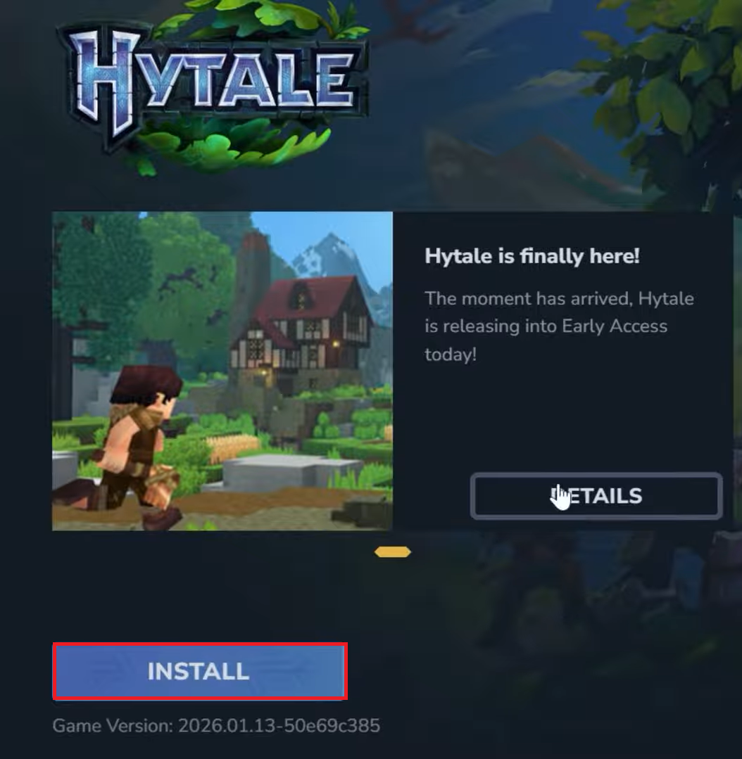 لقطة شاشة لزر INSTALL في Hytale
