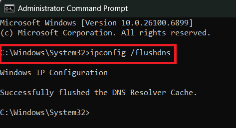 أوامر ipconfig /flushdns في موجه الأوامر