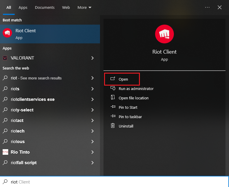 قائمة Start menu في Windows تفتح Riot Client مباشرة بدلاً من فتح اختصار لعبة Riot فقط.