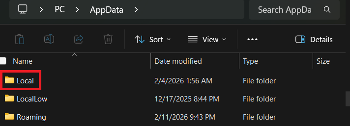 صورة توضح مجلد Local في AppData