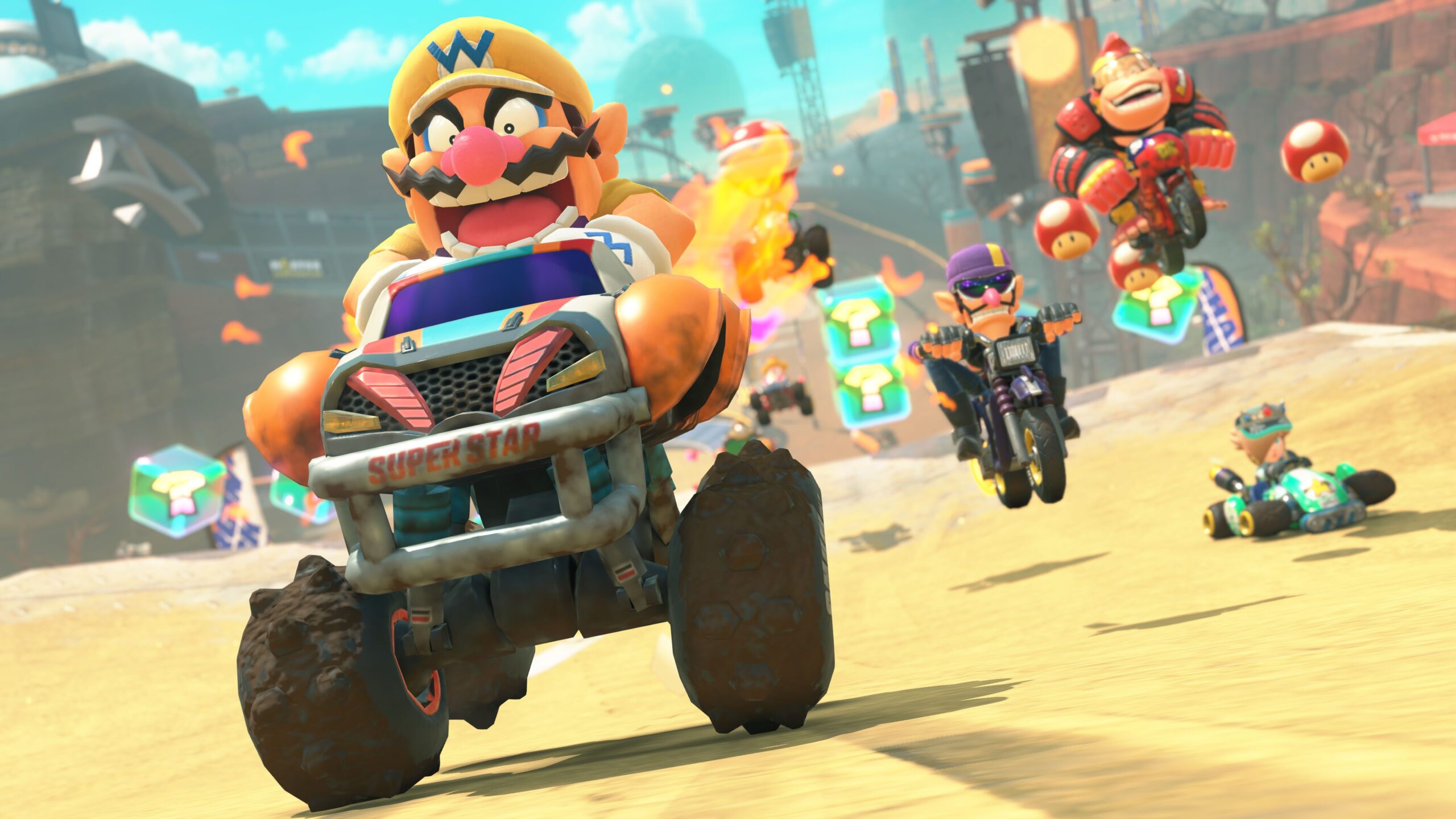 واريو يتسابق ضد خصومه في Mario Kart World.