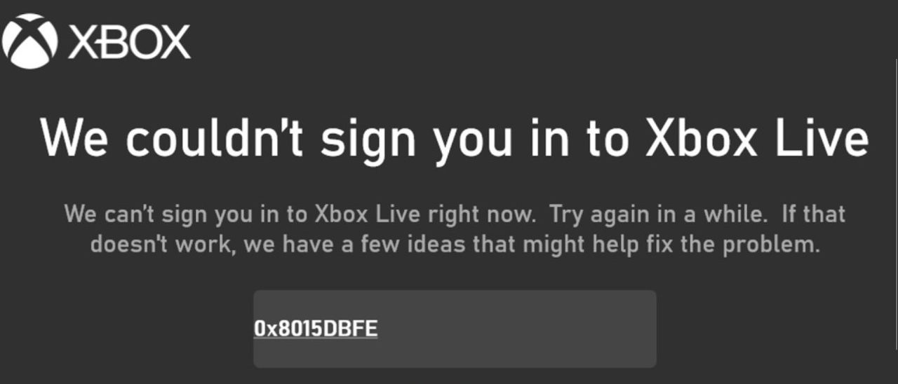 صورة توضيحية لخطأ تسجيل الدخول 0x8015DBFE على Xbox