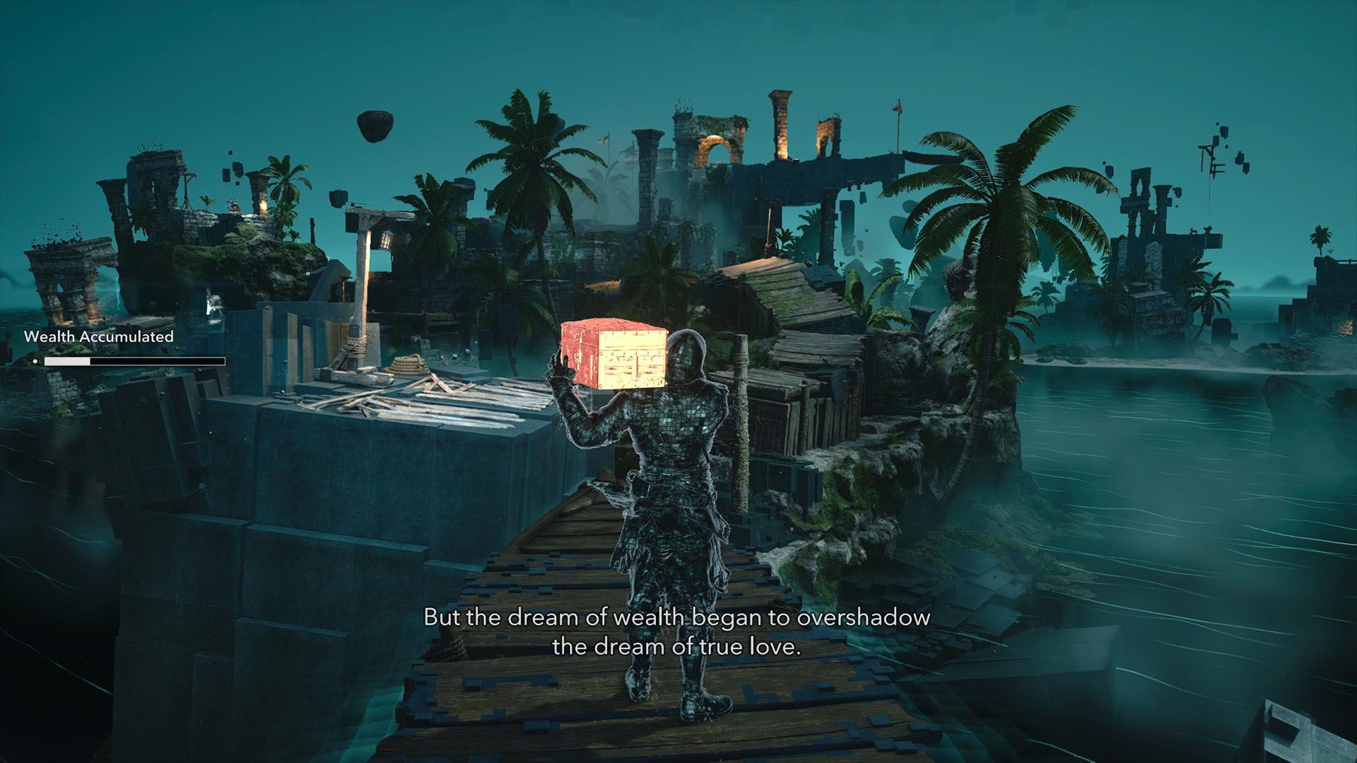 داخل الأنموس إيجو (Animus Ego) للعبة Assassin's Creed Black Flag Resynced، يحمل اللاعب صندوقًا عبر عالم رقمي مكون من أجزاء من عصر القراصنة