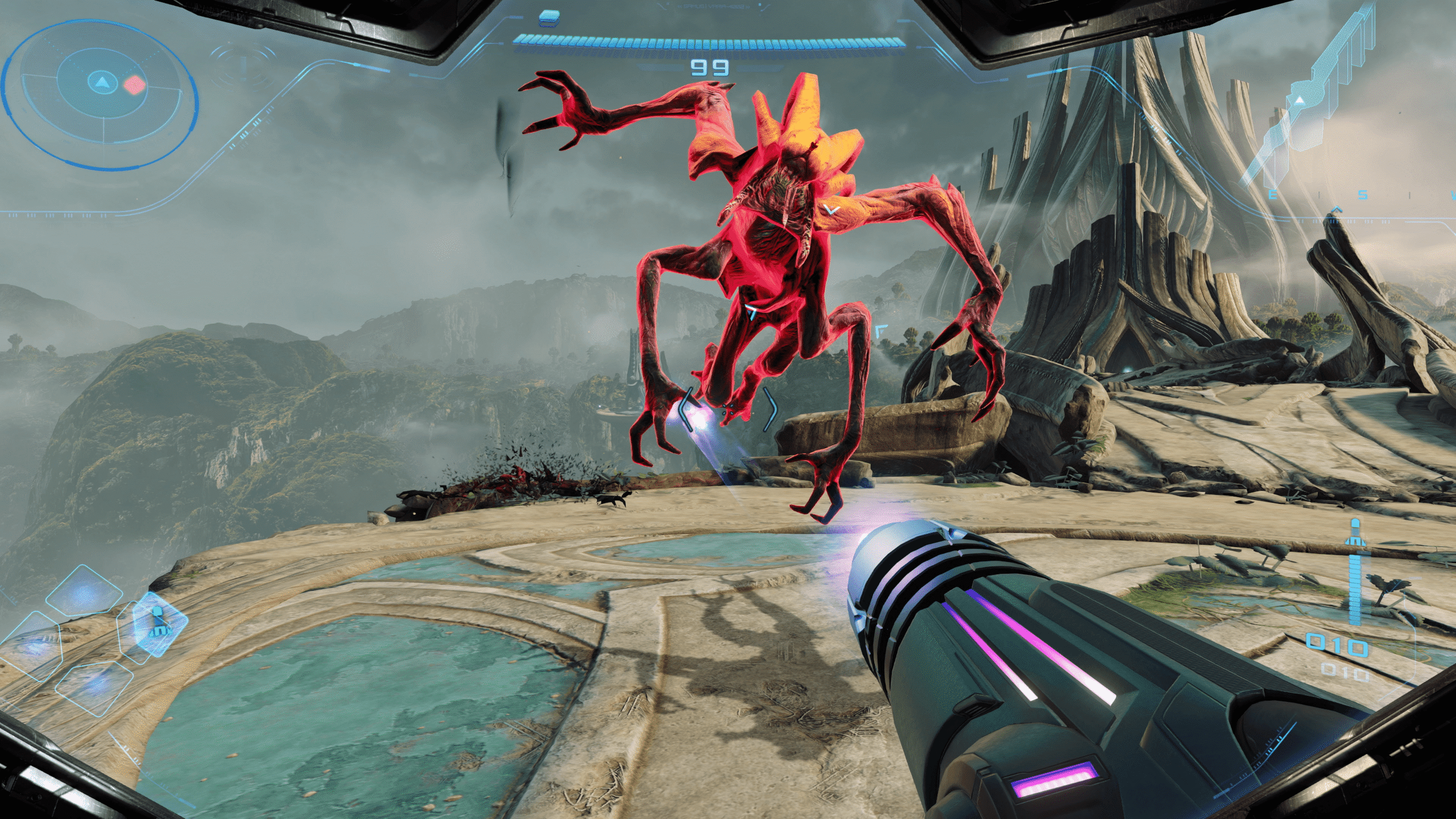 ساموس تطلق النار على كائن فضائي في Metroid Prime 4: Beyond.