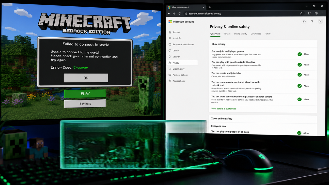 فحص إعدادات حساب Microsoft أو الكونسول لأذونات اللعب الجماعي بينما تظهر لعبة Minecraft رمز الخطأ Creeper.