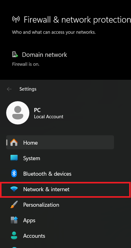 لقطة شاشة لصفحة إعدادات الشبكة والإنترنت في Windows