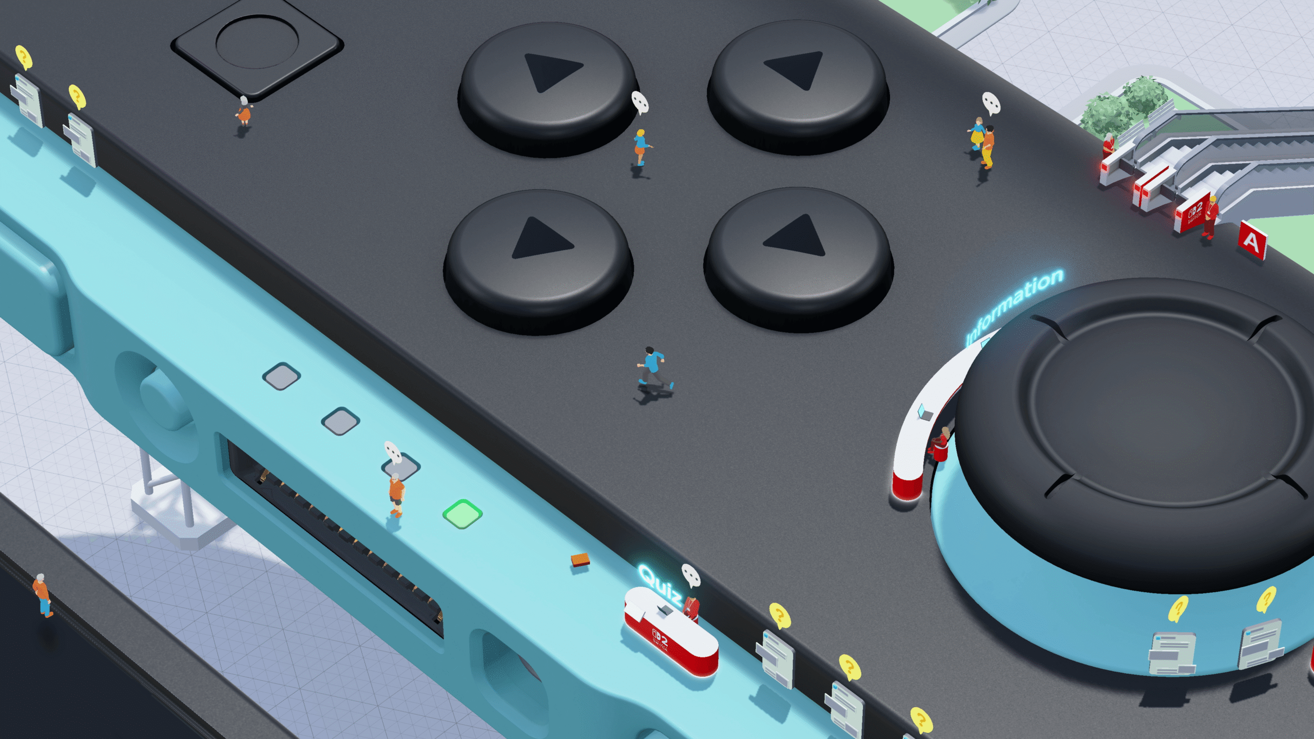 شخصيات تسير على وحدة تحكم Joy-con في لعبة Nintendo Switch 2 Welcome Tour.