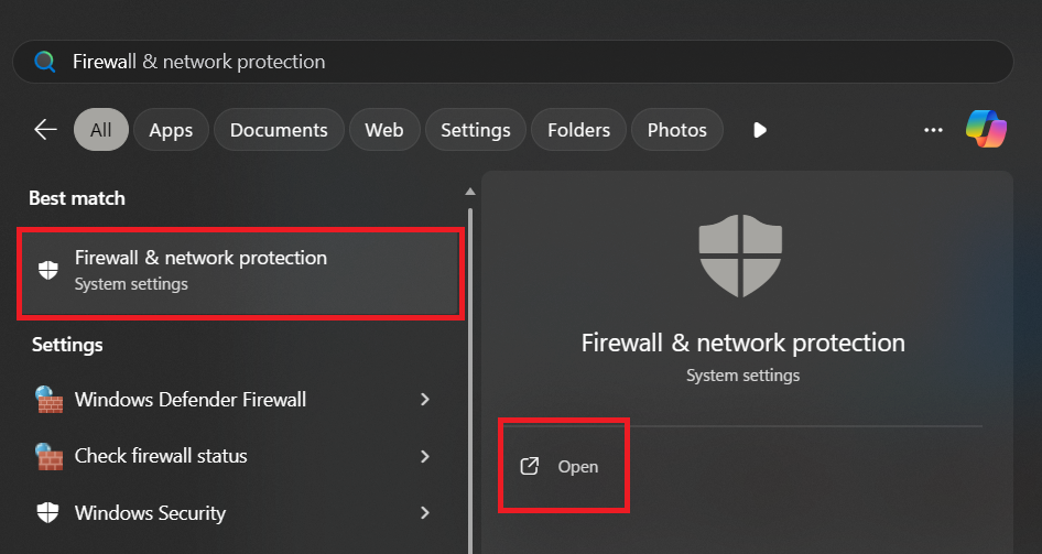 صورة لنافذة Firewall & network protection