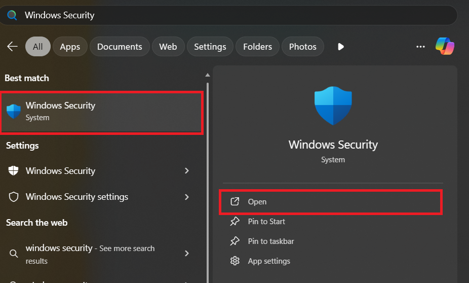 صورة توضح فتح Windows Security