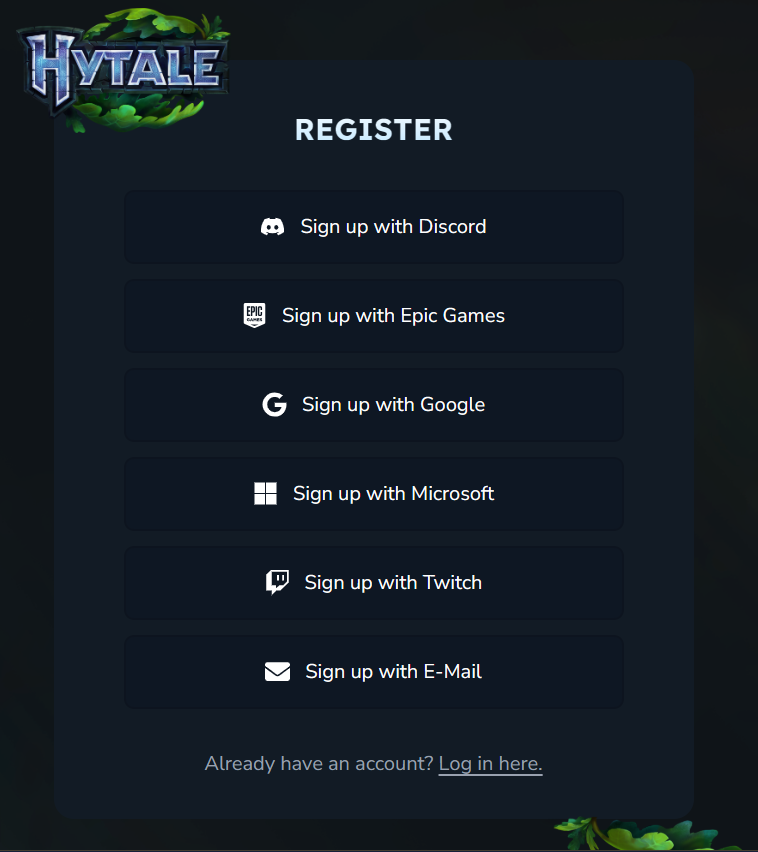 تسجيل حساب Hytale أو تسجيل الدخول