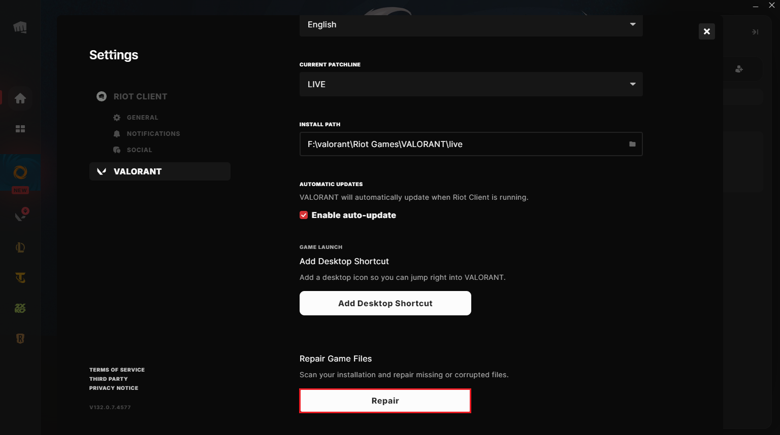 إعدادات Riot Client تعرض خيار الإصلاح المدمج للعبة من Riot.