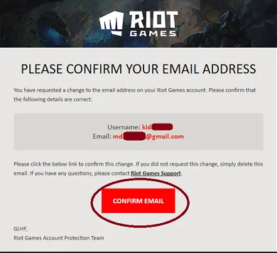 بريد التحقق من Riot مفتوح في صندوق بريد مع رابط التأكيد جاهز لإكمال فحص الحساب.