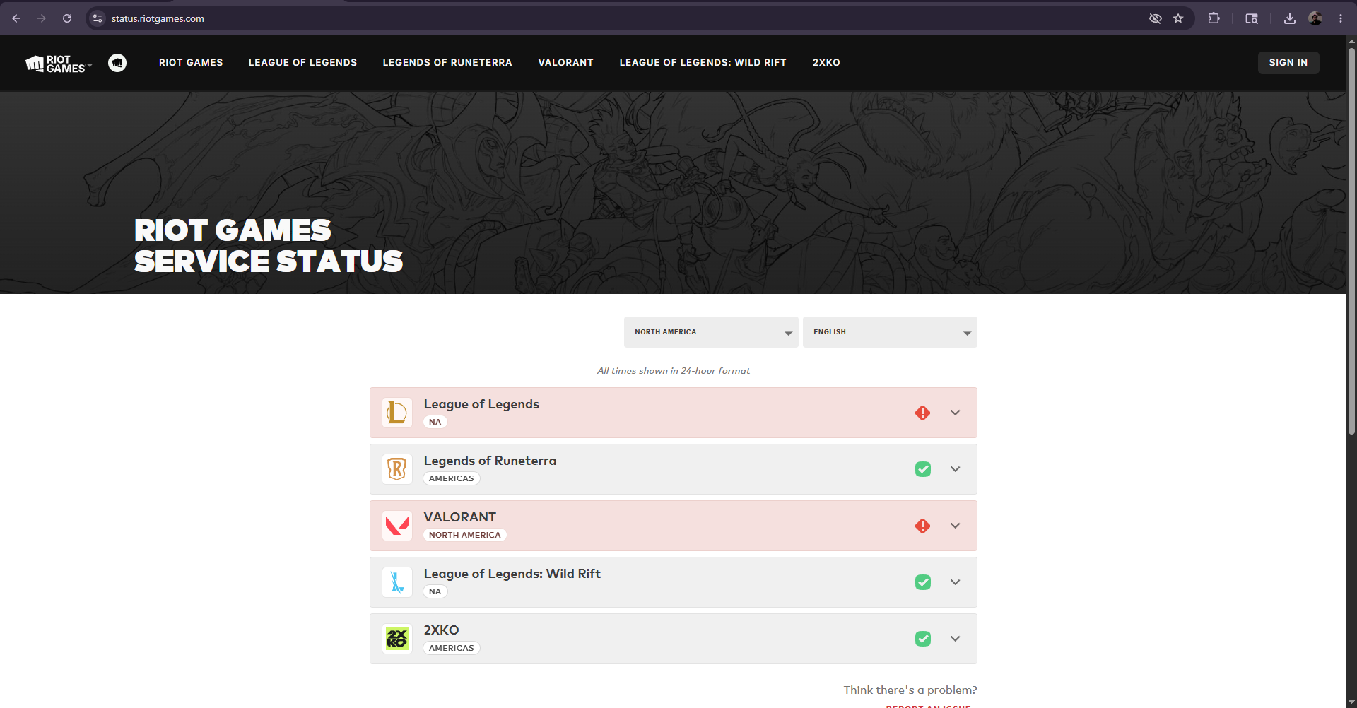 صفحة Riot Games Service Status تعرض معلومات الصيانة أو الانقطاع الإقليمي قبل استكشاف الأخطاء وإصلاحها بشكل أعمق.