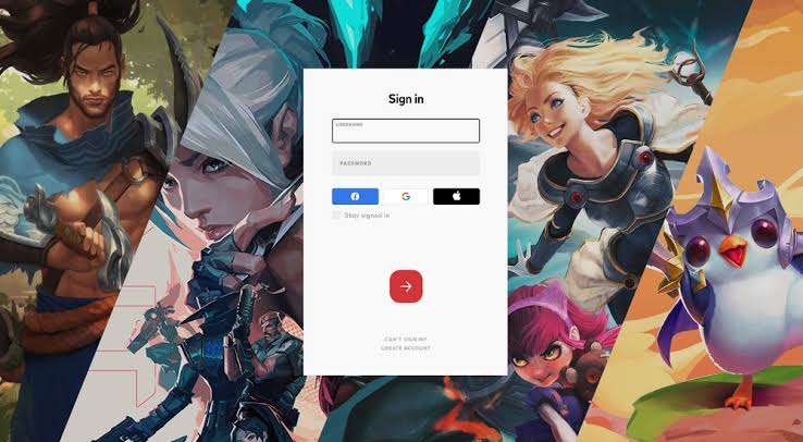 صفحة تسجيل الدخول إلى Riot تعرض خيارات تسجيل الدخول الاجتماعي التي قد تؤدي إلى حساب خاطئ إذا اختار اللاعب طريقة تسجيل دخول مختلفة عن المعتاد.