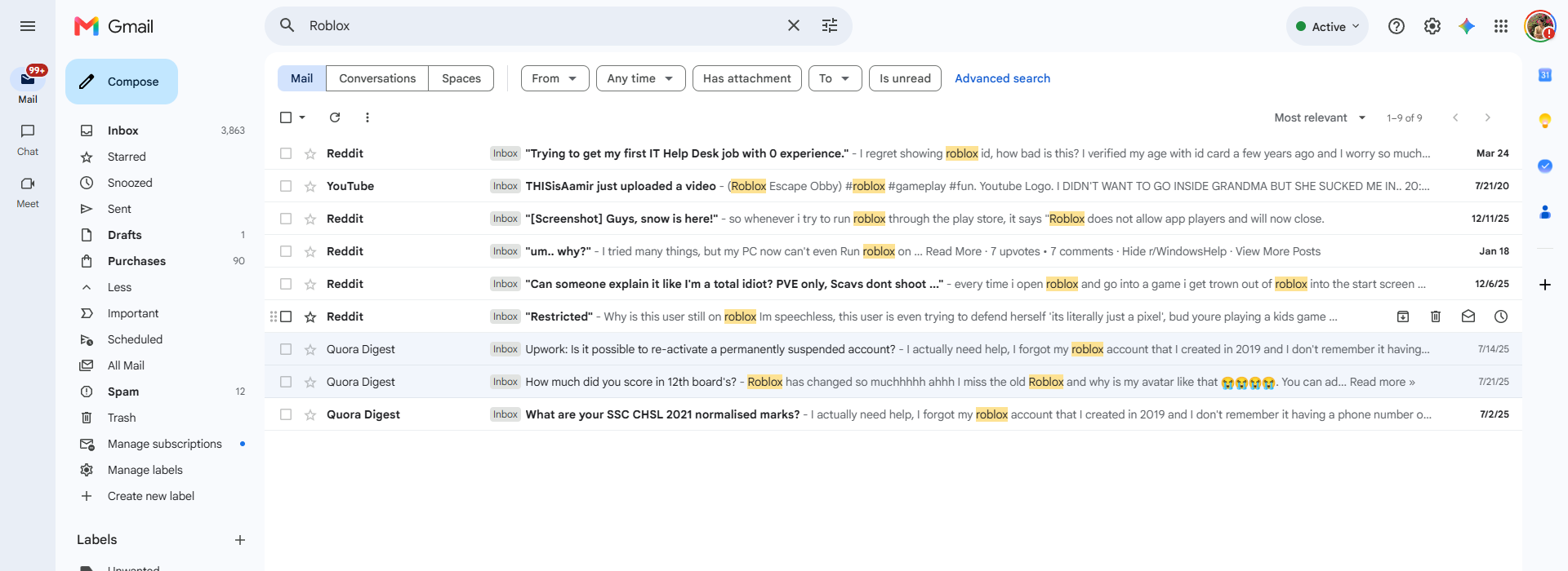 البحث في صندوق البريد عن رسائل Roblox والتحقق من مجلدات Spam أو Junk للعثور على رمز التحقق المفقود.