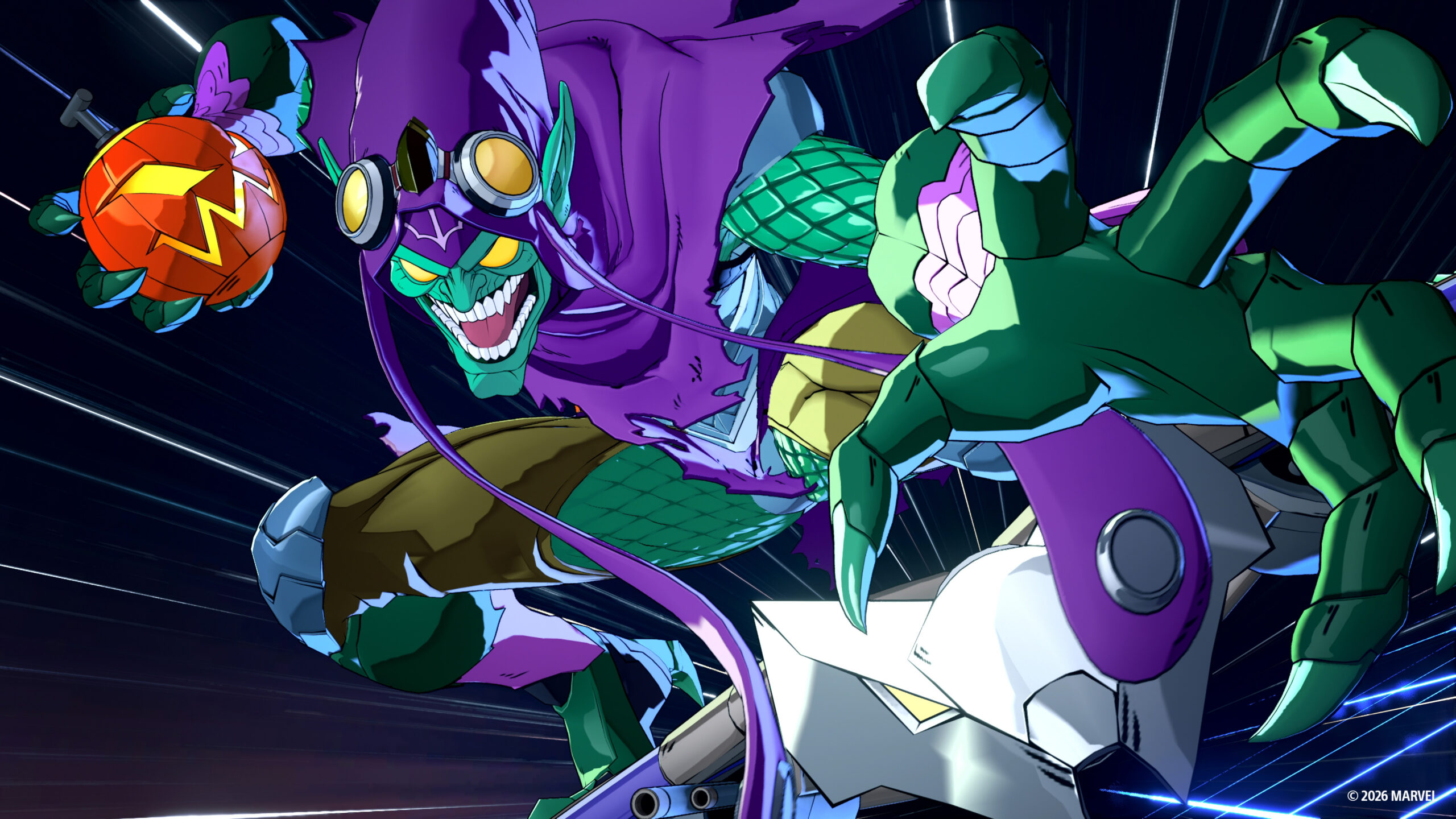 لقطة شاشة من لعبة Marvel Tokon: Fighting Souls تُظهر Green Goblin وهو يرمي قنبلة يقطين خلال حركة الهجوم الخارق الخاصة به
