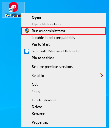 قائمة النقر بزر الماوس الأيمن في Windows لتشغيل Riot Client كمسؤول لاختبار تحديث لمرة واحدة.