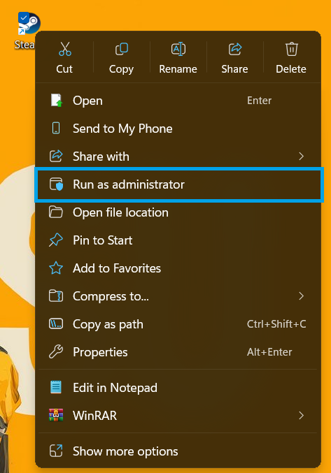 تشغيل Steam كمسؤول في Windows