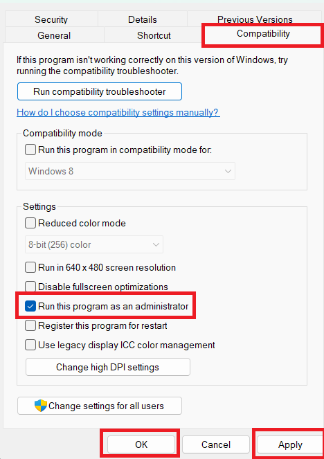 علامة تبويب توافق Windows تظهر خيار Run this program as an administrator.